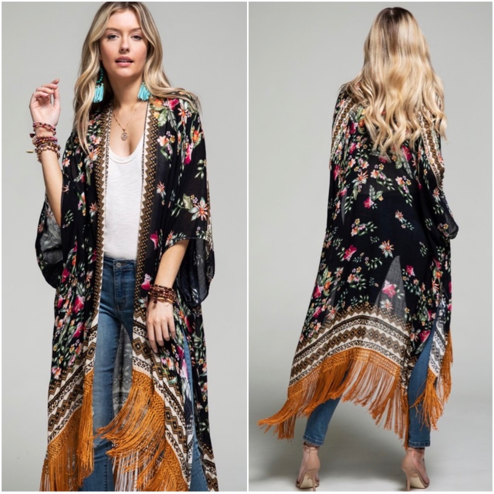022 Boho Floral Geo Print Tassel Open Front Kimono Cover up - Picture 2 of 5